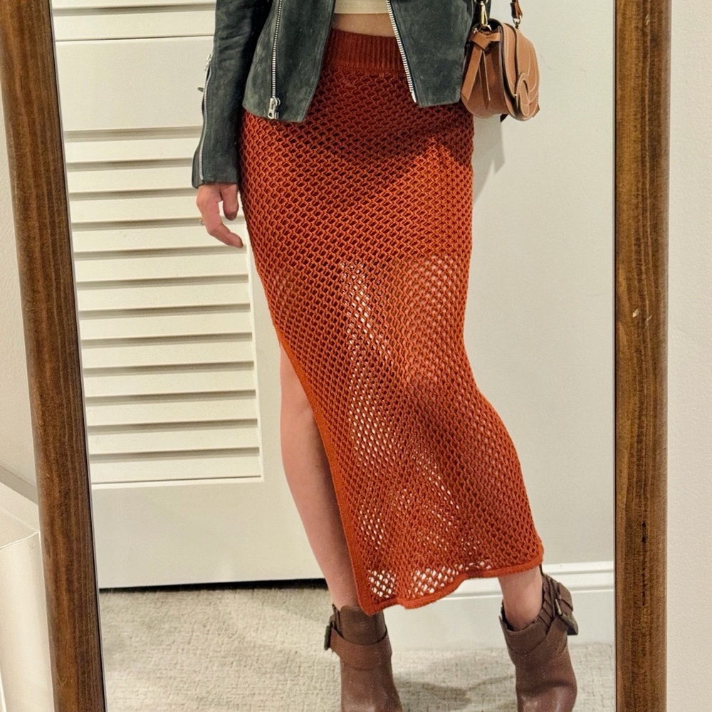 Astr Open-Weave Rust Orange Midi Skirt